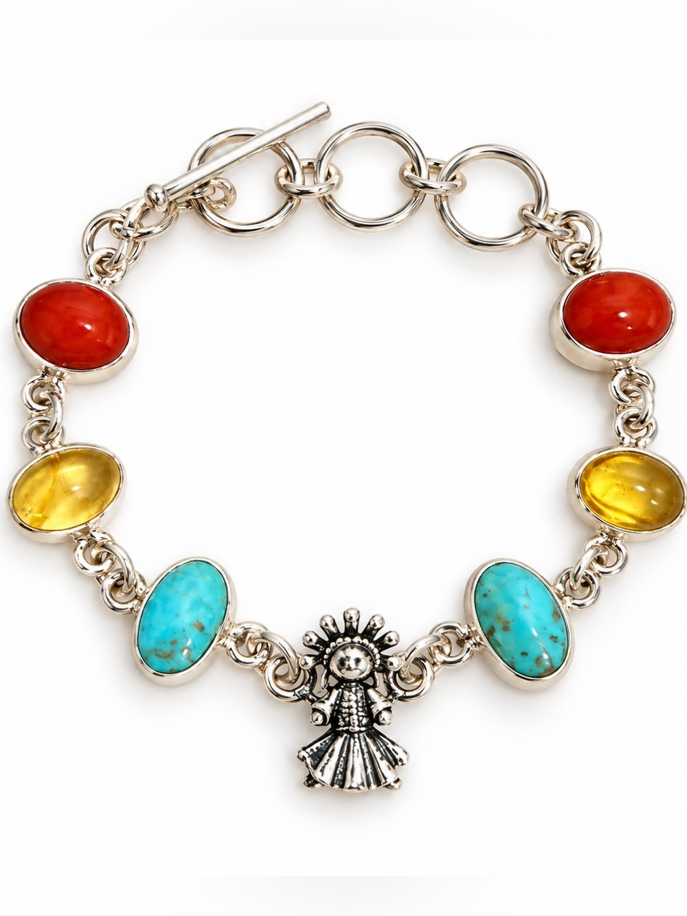 Sterling Charm Bracelet with Turquoise, Coral & Citrine Stones